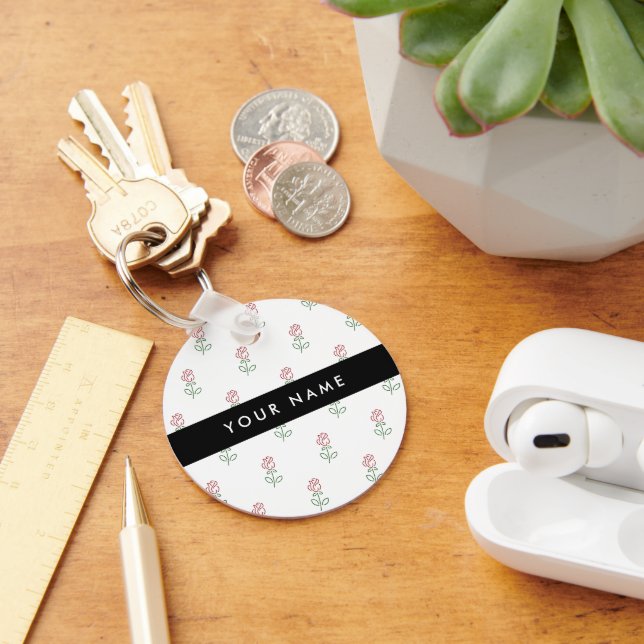 Red Roses, Pattern Of Roses, Your Name Key Ring (Desk)