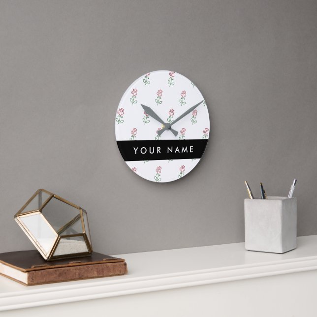 Red Roses, Pattern Of Roses, Your Name Round Clock (Office)