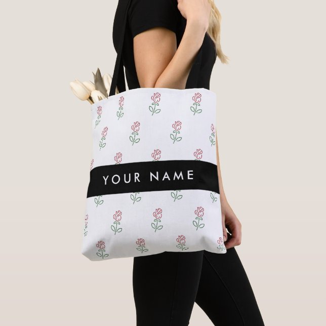Red Roses, Pattern Of Roses, Your Name Tote Bag (Close Up)