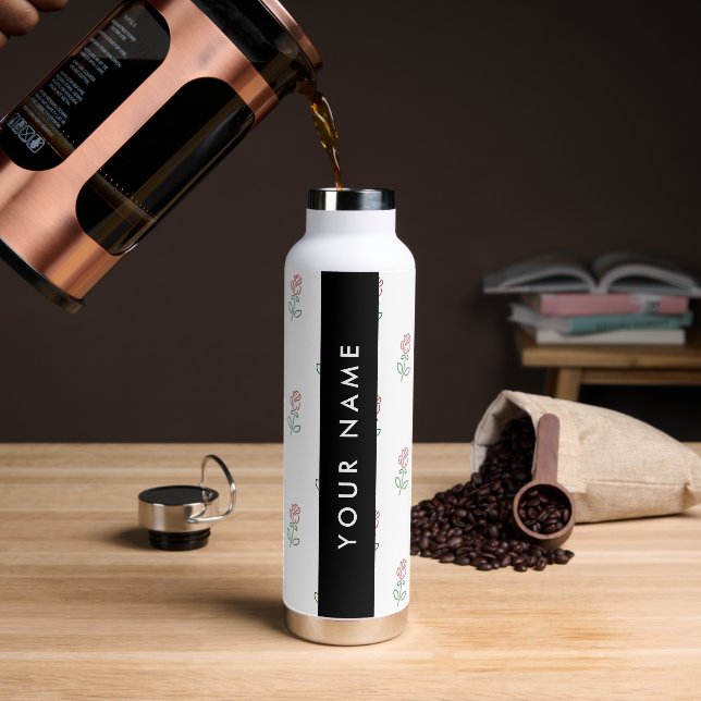 Red Roses, Pattern Of Roses, Your Name Water Bottle (Coffee)
