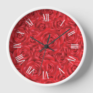 Red roses pattern white numerals clock