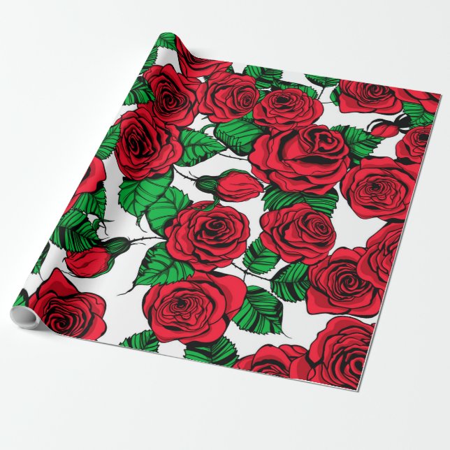 Red roses pattern wrapping paper (Unrolled)