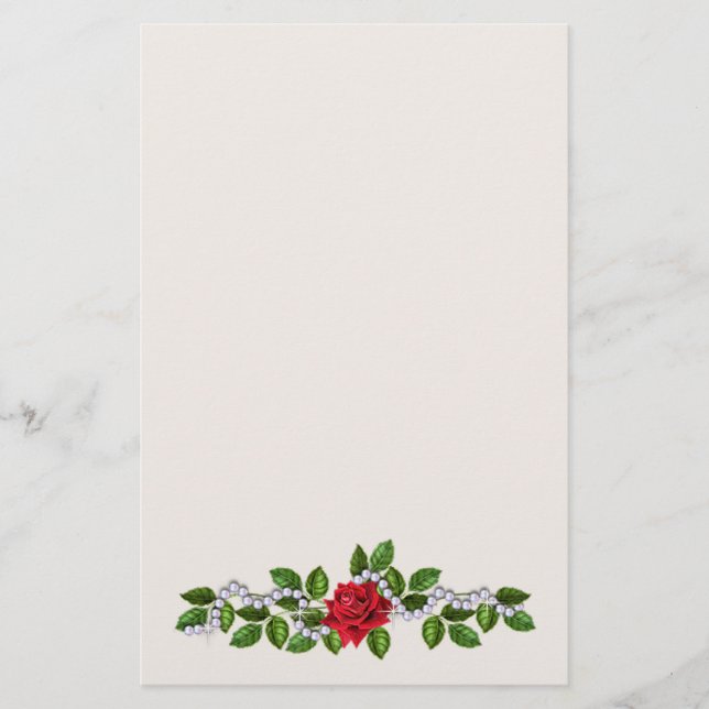Red roses, pearls and leaves Stationery (Front)