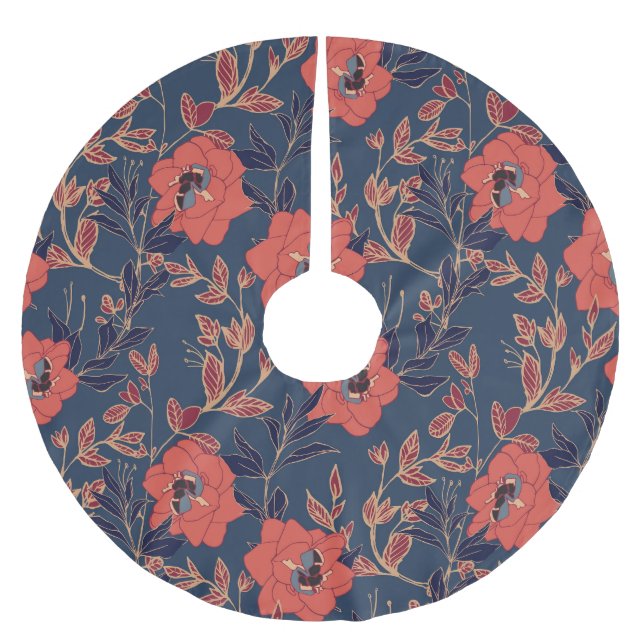 Red Roses Peonies Dark Background Brushed Polyester Tree Skirt (Front)