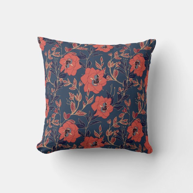 Red Roses Peonies Dark Background Cushion (Front)