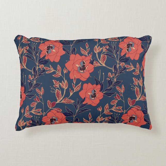 Red Roses Peonies Dark Background Decorative Cushion (Front)