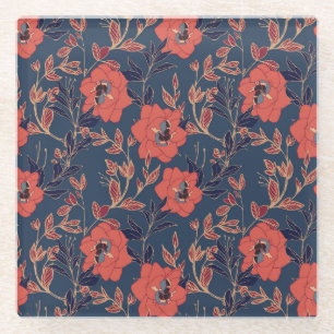 Red Roses Peonies Dark Background Glass Coaster