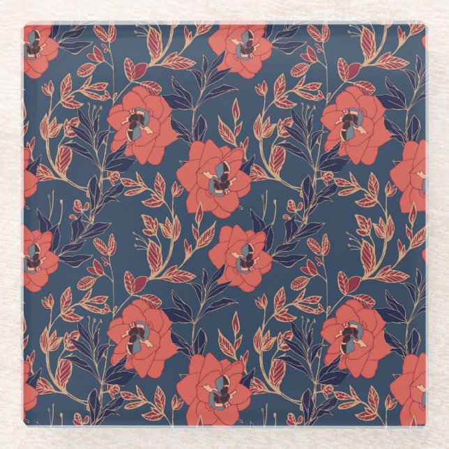 Red Roses Peonies Dark Background Glass Coaster (Front)