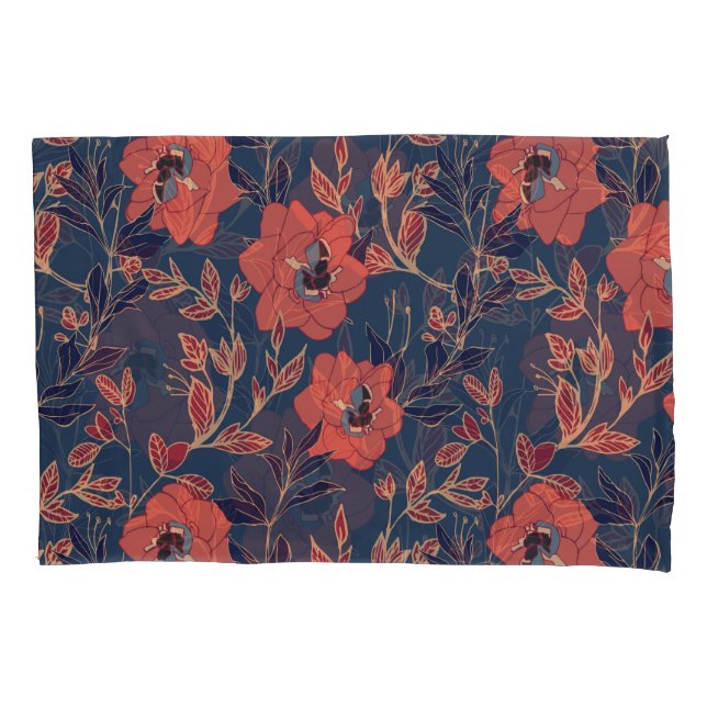 Red Roses Peonies Dark Background Pillowcase (Front)