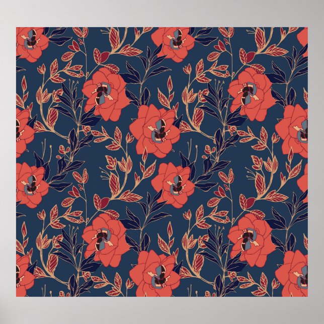 Red Roses Peonies Dark Background Poster (Front)