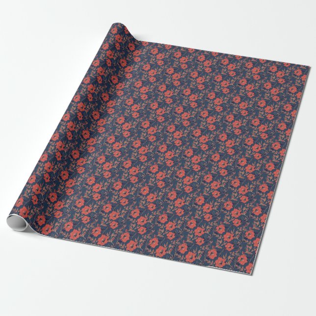 Red Roses Peonies Dark Background Wrapping Paper (Unrolled)