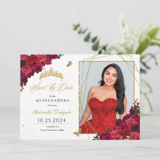 Red Roses Photo Card Quinceañera Save The Date (Standing Front)