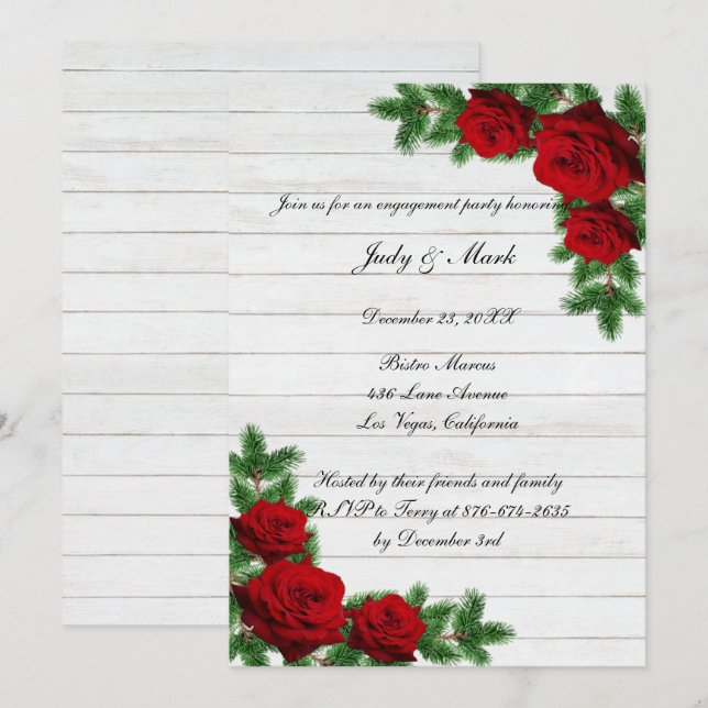 Red Roses & Pine Branch Christmas Engagement Party Invitation (Front/Back)