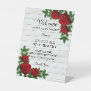 Red Roses & Pine Branch Christmas safety Measures Pedestal Sign