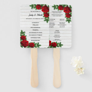 Red Roses & Pine Branch Christmas Wedding Program Hand Fan