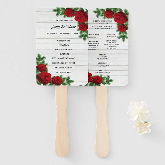 Red Roses & Pine Branch Christmas Wedding Program Hand Fan (Front and Back)