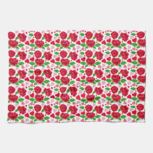 Red Roses Pink Hearts Happy Valentines Day Tea Towel