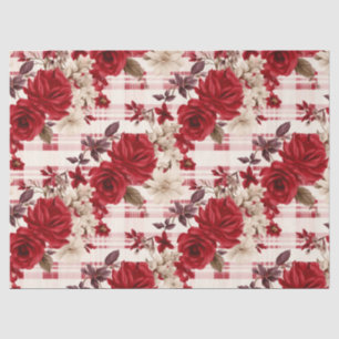Red roses plaid white flowers tissue paper