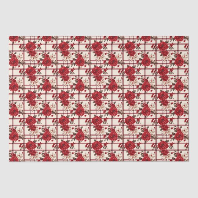 Red roses plaid white flowers tissue paper (Front)