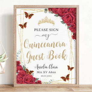 Red Roses Quinceanera Birthday Guest Book Sign