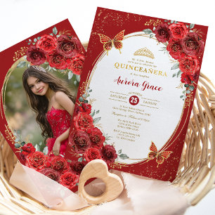 Red Roses Quinceañera Butterfly 15th Birthday Invitation