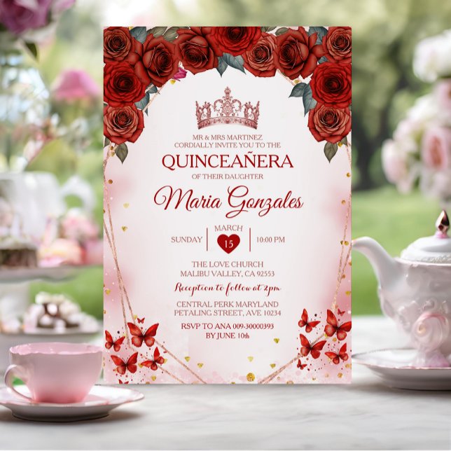  Red Roses Quinceañera Rose Gold Crown Mexican Invitation (Creator Uploaded)