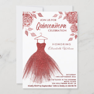 Red roses red glitter dress Quinceañera Invitation