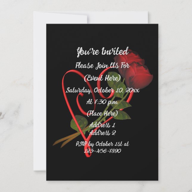 Red Roses Red Heart Black Elegant  Invitation (Front)