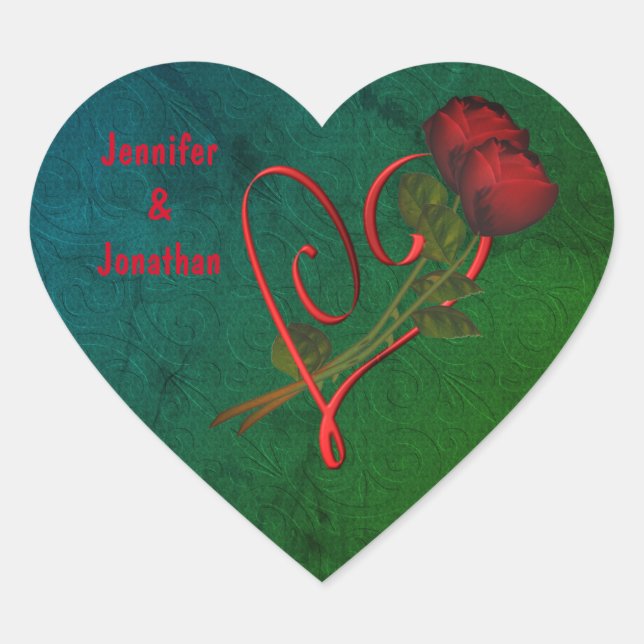 Red Roses Red Heart Personalised Wedding Sticker (Front)