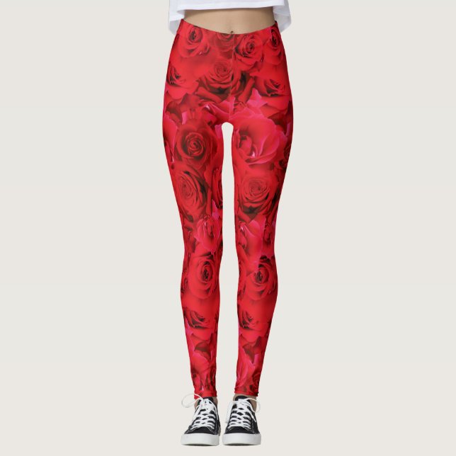 Red Roses Repeating Floral Pattern Leggings (Front)