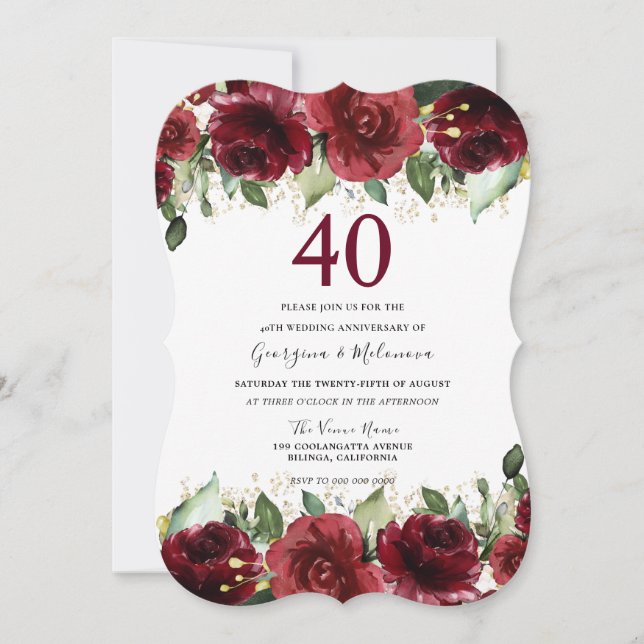 Red Roses Romantic Floral 40th Anniversary Invitation (Front)