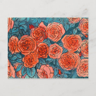 Red Roses, Rose Garden, Life Sketch Ink Pastels Postcard