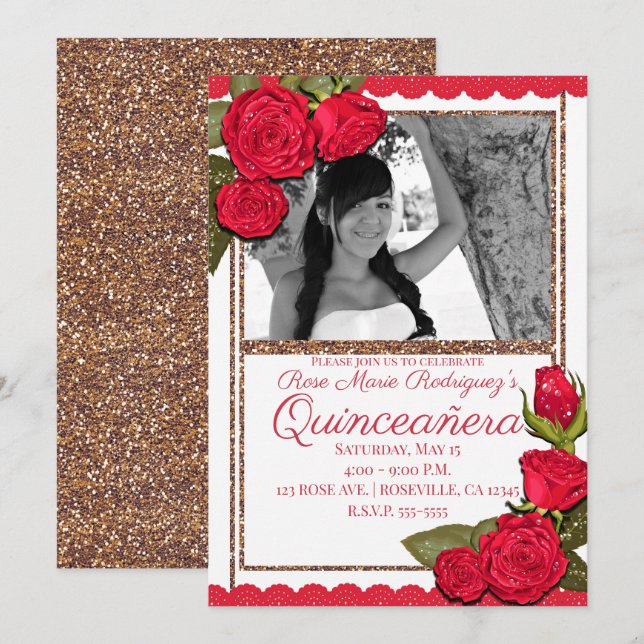 Red Roses Rose Gold Glitter Quinceañera Birthday Invitation (Front/Back)