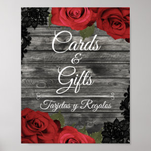Red Roses Rustic Black Lace Wedding Cards Sign