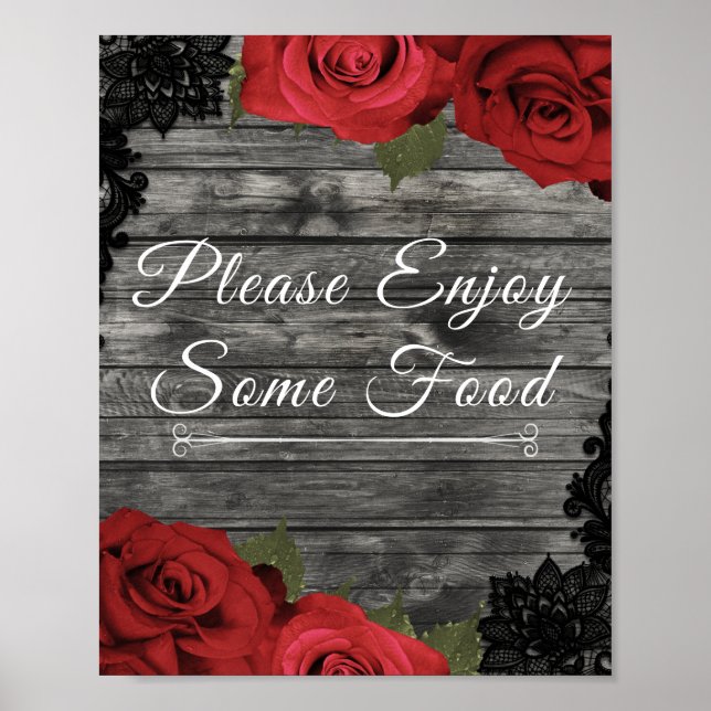 Red Roses Rustic Black Lace Wedding Food Sign (Front)