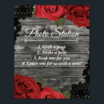 Red Roses Rustic Black Lace Wedding Photo Station Poster<br><div class="desc">Cards and Gifts Wedding Table Sign</div>