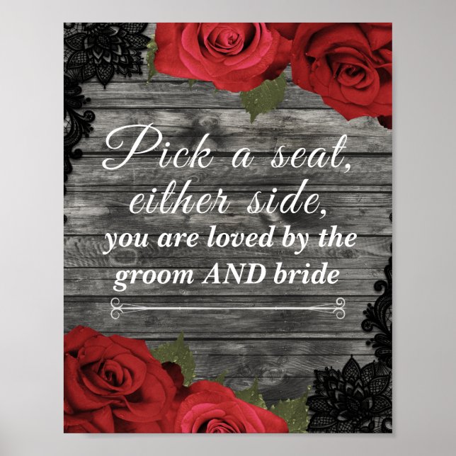 Red Roses Rustic Black Lace Wedding Seating Sign (Front)