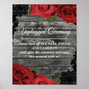 Red Roses Rustic Black Lace Wedding Unplugged Sign