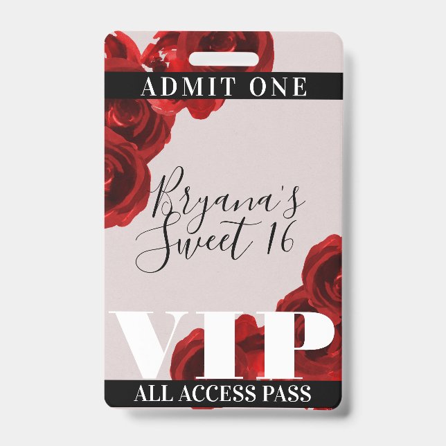 Red Roses Rustic Chic Sweet 16 VIP Pass ID Badge (Front)