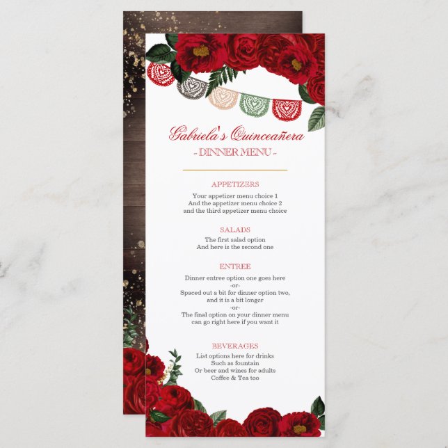 Red Roses Rustic Western Charra Party  Menu (Front/Back)