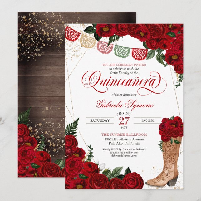 Red Roses Rustic Western Charro Boots Quinceañera Invitation (Front/Back)