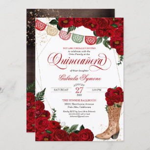 Red Roses Rustic Western Charro Boots Quinceañera Invitation
