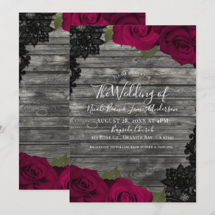 Red Roses Rustic Wood Black Lace Elegant Wedding Invitation