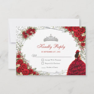 Red Roses Silver Butterflies Quinceañera RSVP Card