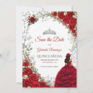 Red Roses Silver Butterflies Quinceañera Save The Date