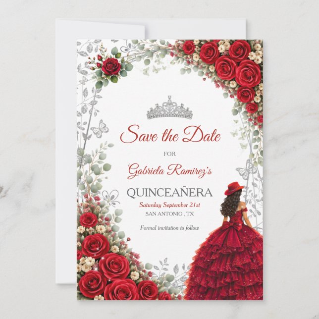 Red Roses Silver Butterflies Quinceañera Save The Date (Front)