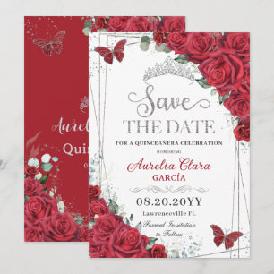 Red Roses Silver Butterflies Quinceanera Sweet 16  Save The Date