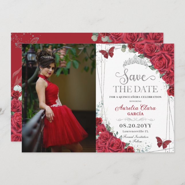 Red Roses Silver Butterflies Quinceanera Sweet 16 Save The Date (Front/Back)