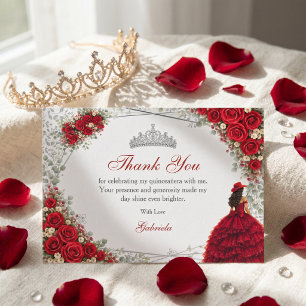 Red Roses Silver Butterflies Quinceañera Thank You Card