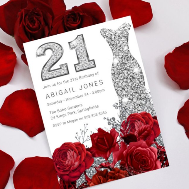 Red Roses & Silver Gown 21st Birthday Party Invitation (Creator Uploaded)